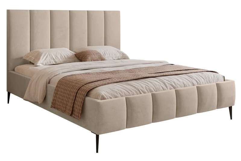 Polsterbett 140x200 cm Sarafino mit Bettkasten, beige Samt, Metallrahmen auf hohen Beinen