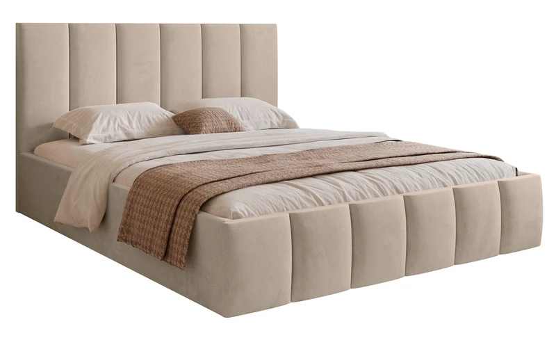 Polsterbett 140x200 cm Sarafino mit Bettkasten, beige Samt, Metallrahmen