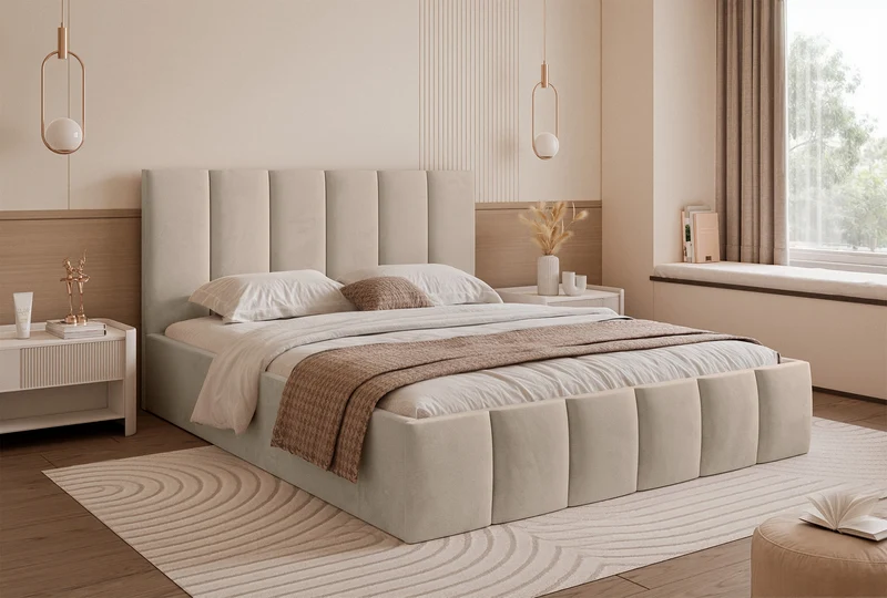 Polsterbett 140x200 cm Sarafino mit Bettkasten, beige Samt, Metallrahmen