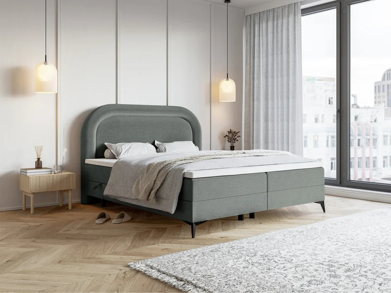 Kontinentalbett 160x200 cm Loreo mit Topper und Stauraum, grauer wasserabweisender Samt