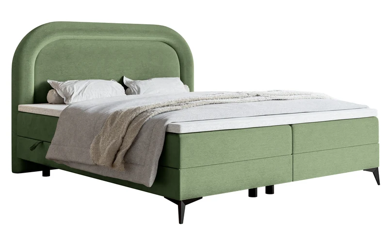 Kontinentales Bett 160x200 cm Loreo mit Topper und Stauraum, eukalyptusfarbener Velours, wasserabweisend