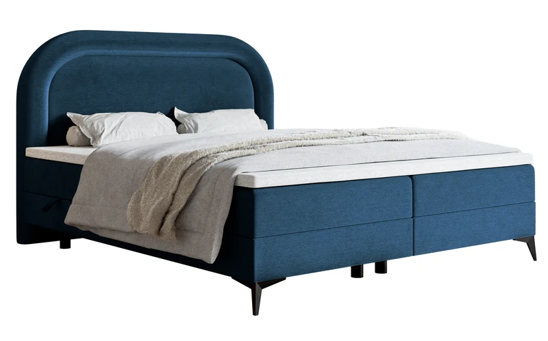 Kontinentales Bett 180x200 cm Loreo mit Topper und Stauraum, marineblauer Velours mit wasserabweisender Beschichtung