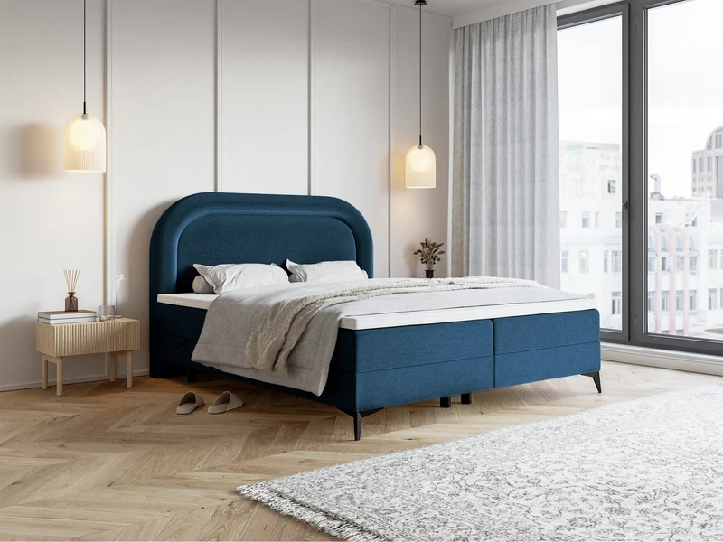Kontinentales Bett 180x200 cm Loreo mit Topper und Stauraum, marineblauer Velours mit wasserabweisender Beschichtung
