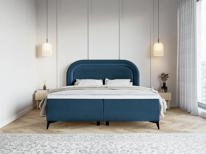 Kontinentales Bett 180x200 cm Loreo mit Topper und Stauraum, marineblauer Velours mit wasserabweisender Beschichtung