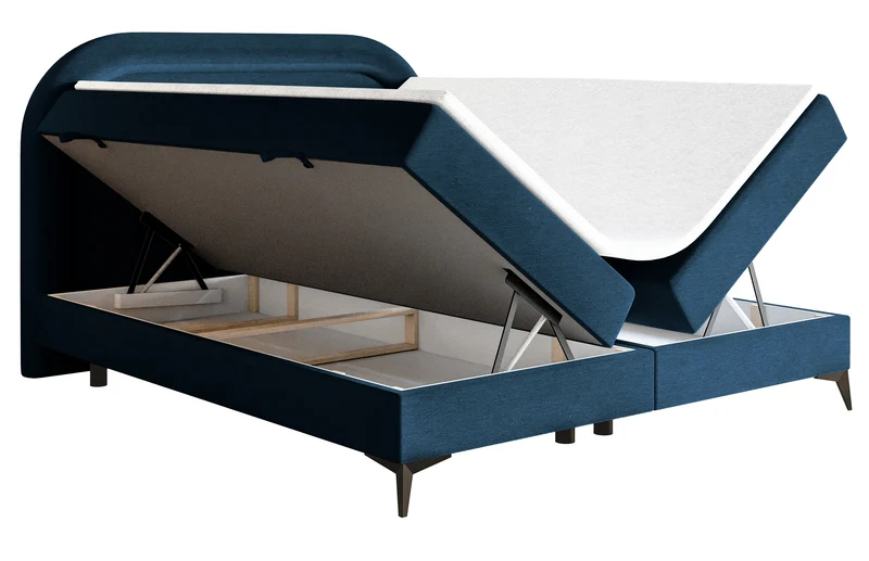 Kontinentales Bett 180x200 cm Loreo mit Topper und Stauraum, marineblauer Velours mit wasserabweisender Beschichtung