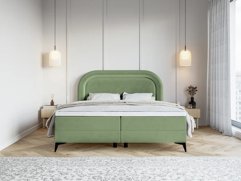 Kontinentales Bett 180x200 cm Loreo mit Topper und Stauraum, eukalyptusfarbener Velours, wasserabweisend