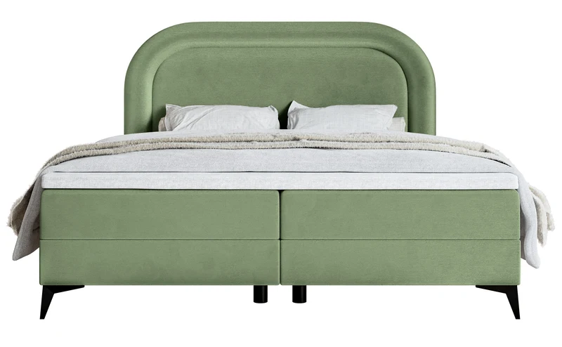 Kontinentales Bett 180x200 cm Loreo mit Topper und Stauraum, eukalyptusfarbener Velours, wasserabweisend