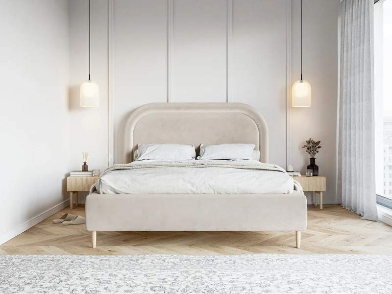 Gepolstertes Bett 140x200 cm Loreo mit Stauraum, grau-beiges Velours, wasserabweisend