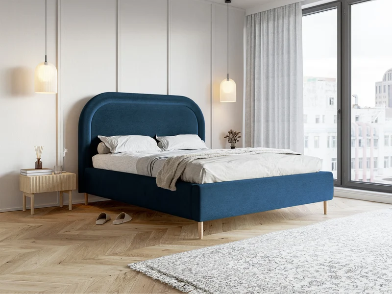 Polsterbett 160x200 cm Loreo mit Stauraum, marineblauer Veloursstoff, wasserabweisend