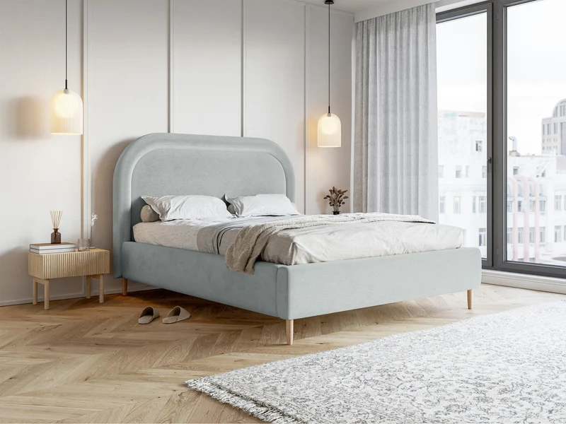 Gepolstertes Bett 160x200 cm Loreo mit Stauraum, taubenblauer hydrophober Samt