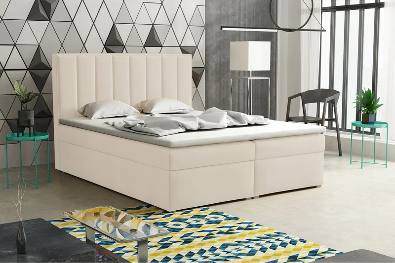 Kontinentales Bett 180x200 cm Rinus mit Stauraum und Topper, cremefarbener Samt