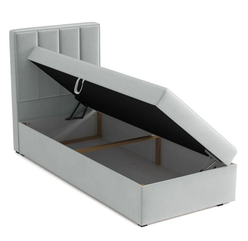 Kontinentalbett 90x200 cm Rinus mit Stauraum, hellgrauer Velours, wasserabweisend, rechtsseitig