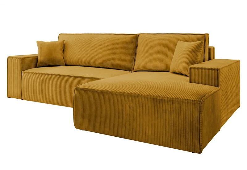Ecksofa mit Schlaffunktion Farese New, L-förmig, mit Stauraum, senfgelber Cordstoff, rechtsseitig