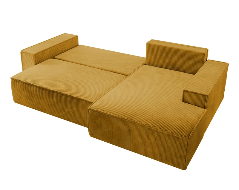 Ecksofa mit Schlaffunktion Farese New, L-förmig, mit Stauraum, senfgelber Cordstoff, rechtsseitig