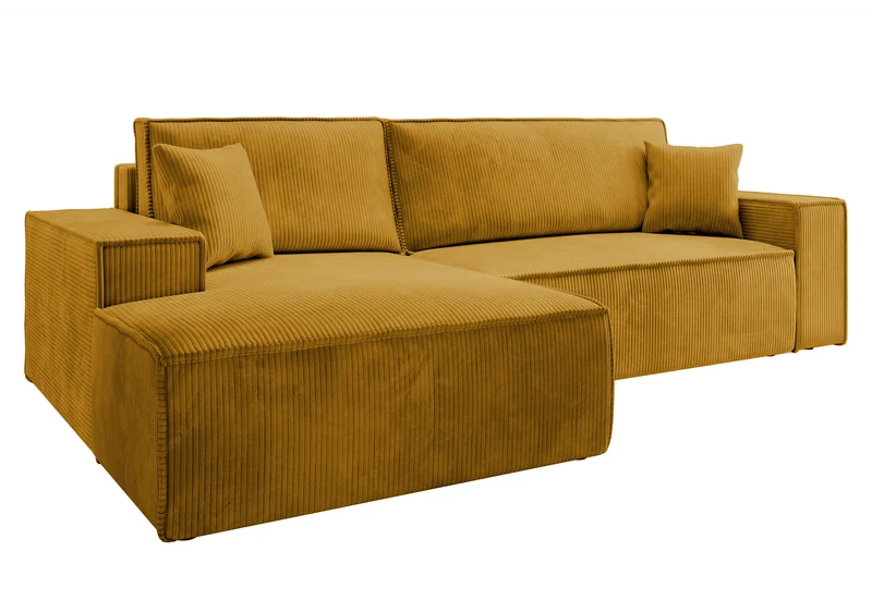 Ecksofa mit Schlaffunktion Farese New, L-förmig, mit Stauraum, senfgelb, Cordstoff, linksseitig