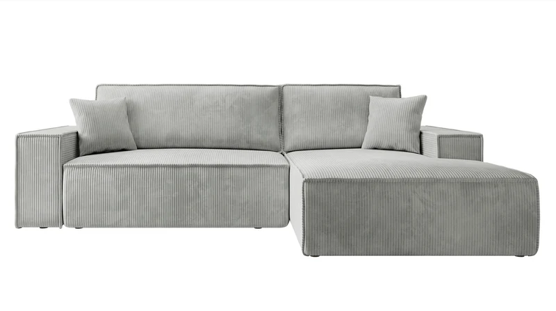 Ecksofa mit Schlaffunktion Farese Mini, L-förmig, rechtsseitig, mit Stauraum, hellgrauer Cordstoff