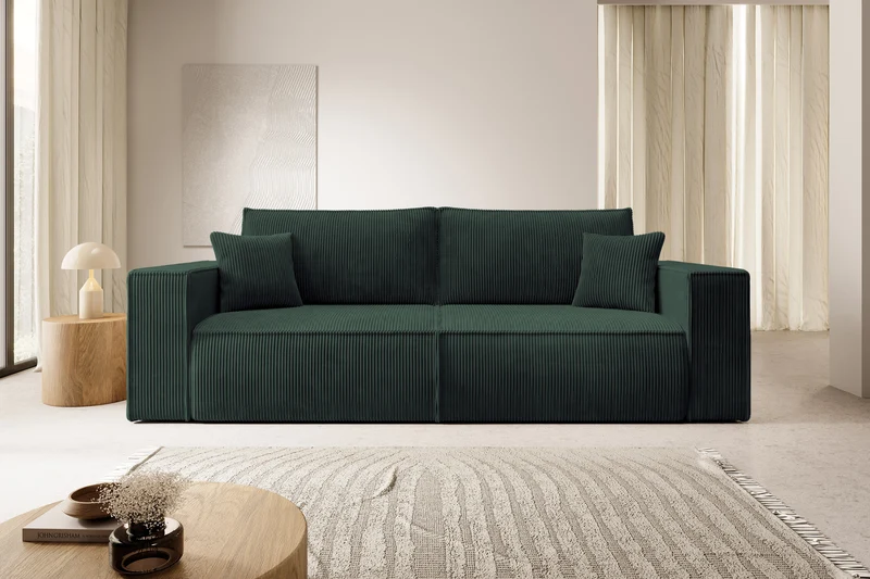 Dreisitziges ausklappbares Sofa Farese mit Stauraum, grün, Cordstoff