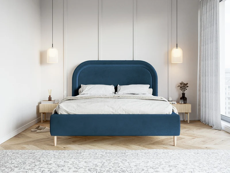 Polsterbett 180x200 cm Loreo mit Stauraum, marineblauer hydrophober Samt