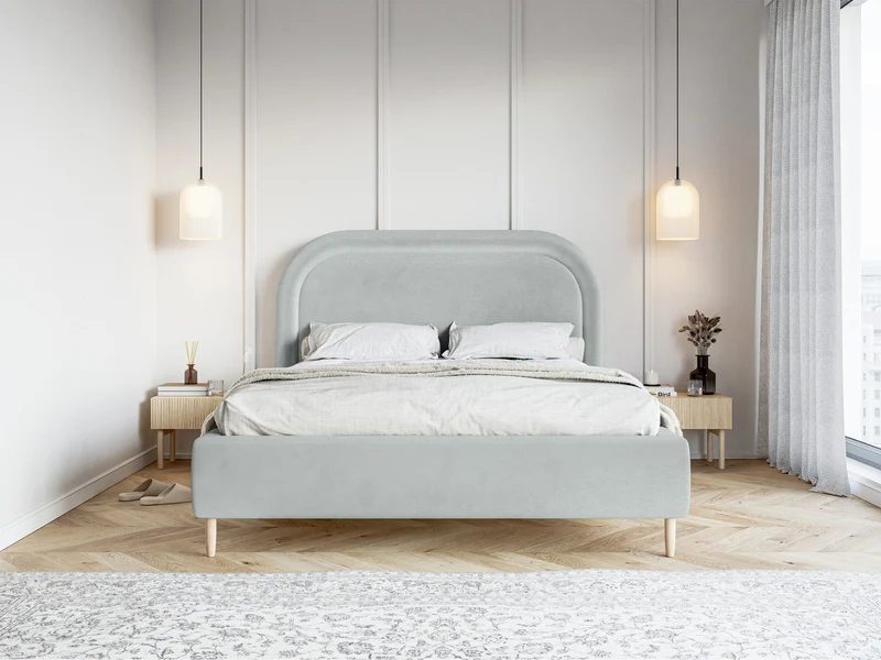Polsterbett 180x200 cm Loreo mit Stauraum, taubenblauer Velours, wasserabweisend