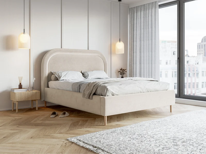 Polsterbett 180x200 cm Loreo mit Stauraum, grau-beiger wasserabweisender Samt