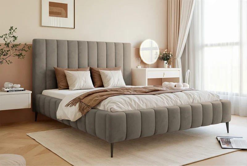 Polsterbett 140x200 cm Fiarro mit Bettkasten, grau-beiges Samtvelours, Metallrahmen auf hohen Beinen