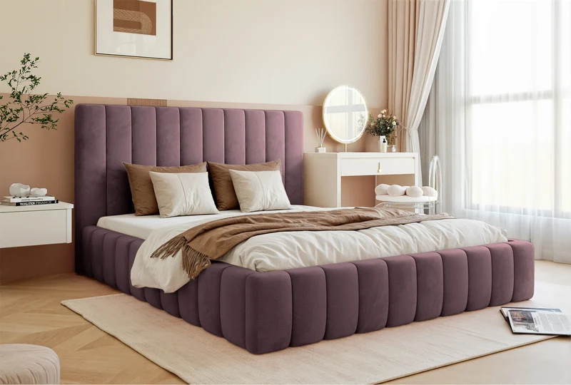 Polsterbett 160x200 cm Fiarro mit Bettkasten, violetter Samt, Metallrahmen
