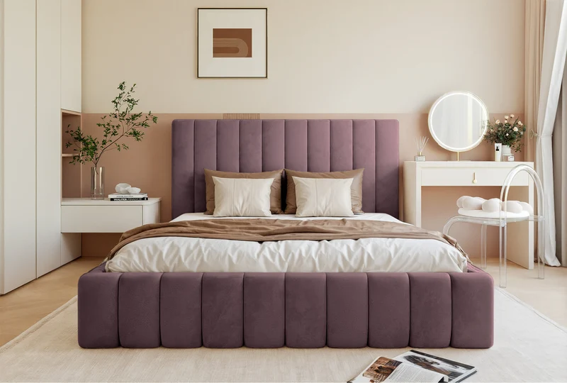 Polsterbett 140x200 cm Fiarro mit Bettkasten, violetter Samt, Metallrahmen