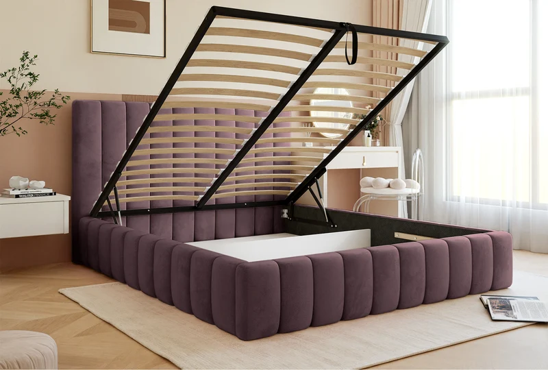 Polsterbett 140x200 cm Fiarro mit Bettkasten, violetter Samt, Metallrahmen