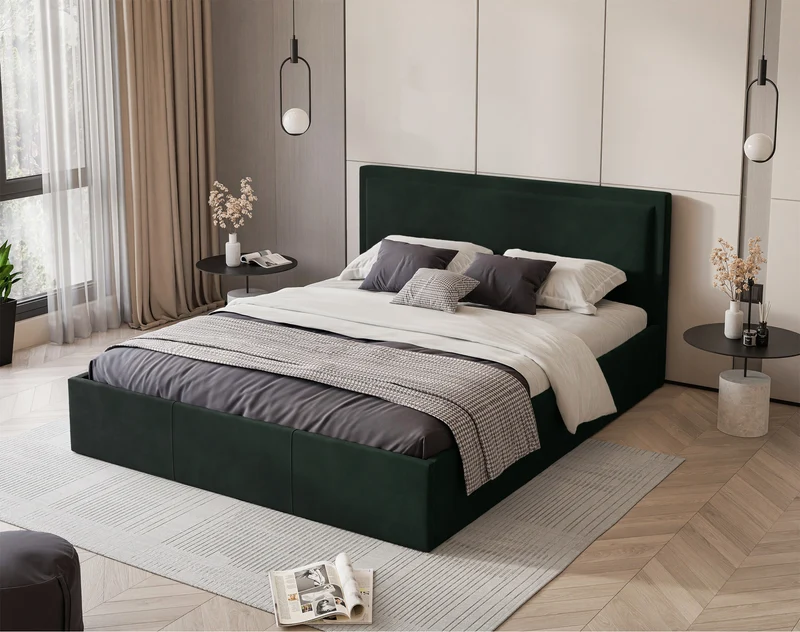 Polsterbett 180x200 cm Soave mit Stauraum und Metallrahmen, dunkelgrüner Samt