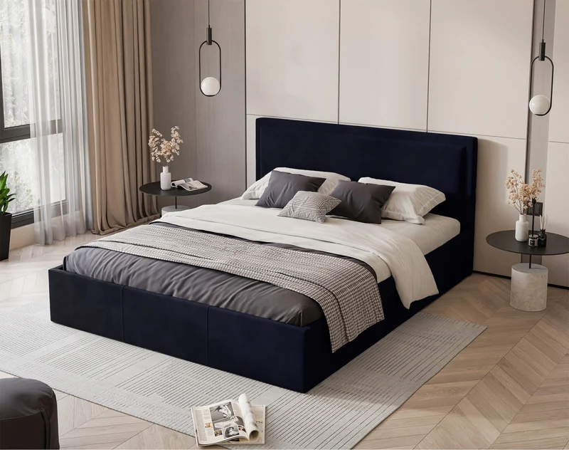 Gepolstertes Bett 160x200 cm Soave mit Stauraum und Metallrahmen, navyblauer Samt