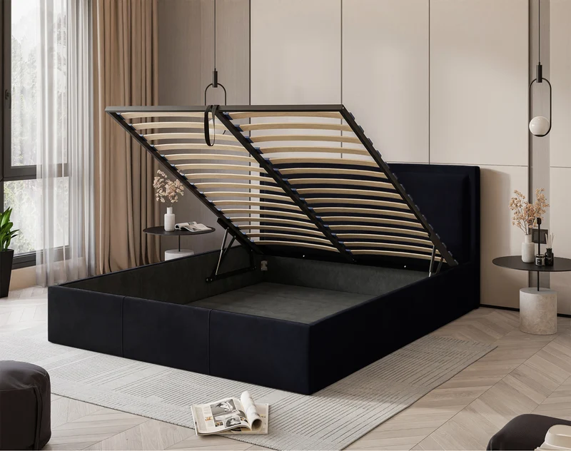 Gepolstertes Bett 160x200 cm Soave mit Stauraum und Metallrahmen, navyblauer Samt