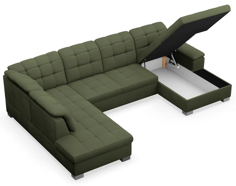 Ecksofa mit Schlaffunktion Jamaal U-förmig rechtsseitig mit Stauraum khaki Flechtmuster