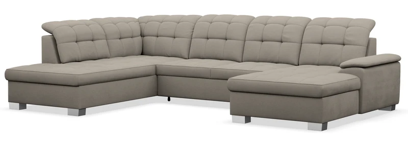 Ecksofa mit Schlaffunktion Jamaal U-förmig rechtsseitig mit Stauraum in grau-beigem Flechtmuster