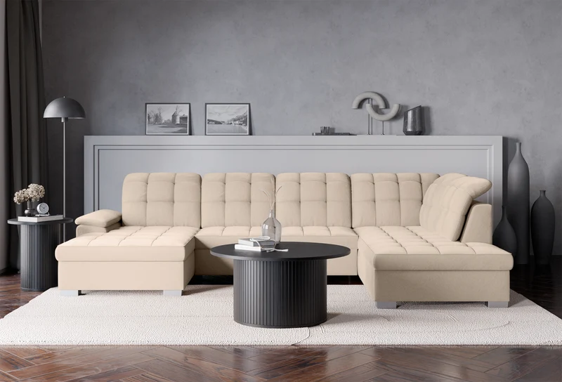 Ecksofa mit Schlaffunktion Jamaal U-förmig linksseitig mit Stauraum beige hydrophobes Samtvelours
