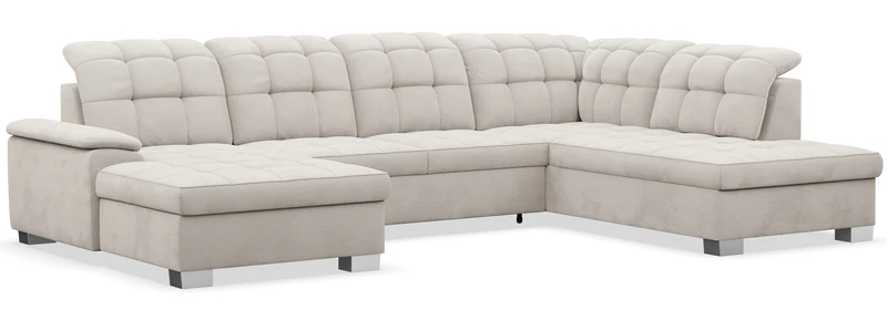 Ecksofa mit Schlaffunktion Jamaal U-förmig linksseitig mit Stauraum, grau-beiger hydrophober Samt