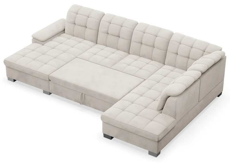 Ecksofa mit Schlaffunktion Jamaal U-förmig linksseitig mit Stauraum, grau-beiger hydrophober Samt