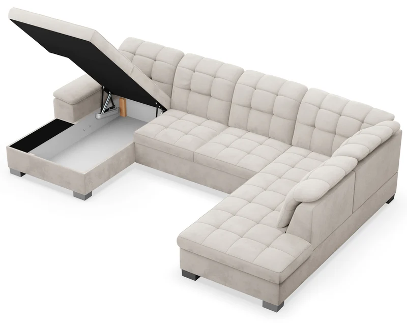 Ecksofa mit Schlaffunktion Jamaal U-förmig linksseitig mit Stauraum, grau-beiger hydrophober Samt