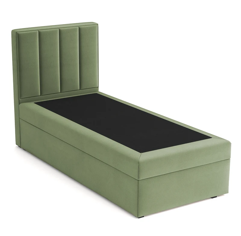 Kontinentalbett 90x200 cm Rinus mit Stauraum, salbeigrüner Velours, wasserabweisend, linksseitig