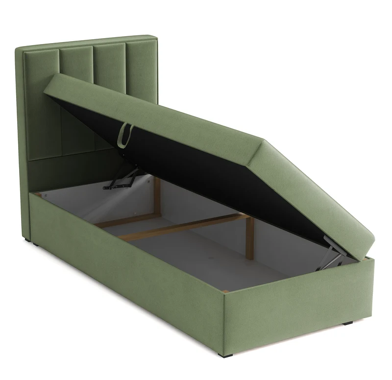 Kontinentalbett 90x200 cm Rinus mit Stauraum, salbeigrüner Velours, wasserabweisend, rechtsseitig