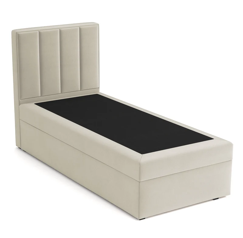 Kontinentales Bett 90x200 cm Rinus mit Stauraum, grau-beiger Velours, wasserabweisend, linksseitig