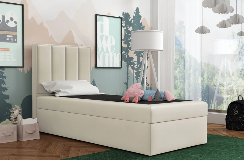 Kontinentales Bett 90x200 cm Rinus mit Stauraum, grau-beiger Velours, wasserabweisend, linksseitig