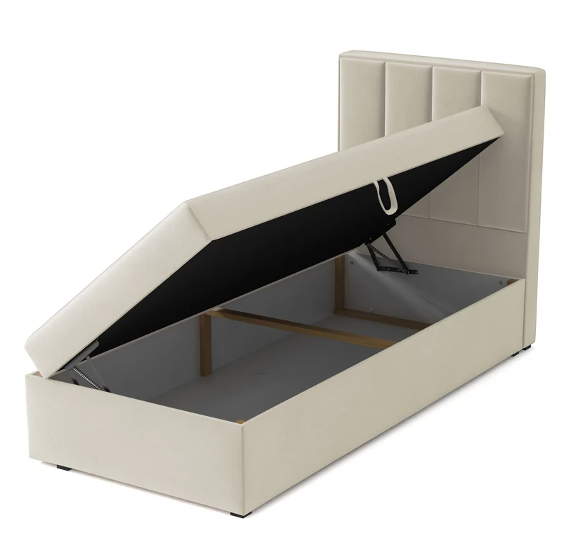 Kontinentales Bett 90x200 cm Rinus mit Stauraum, grau-beiger Velours, wasserabweisend, linksseitig