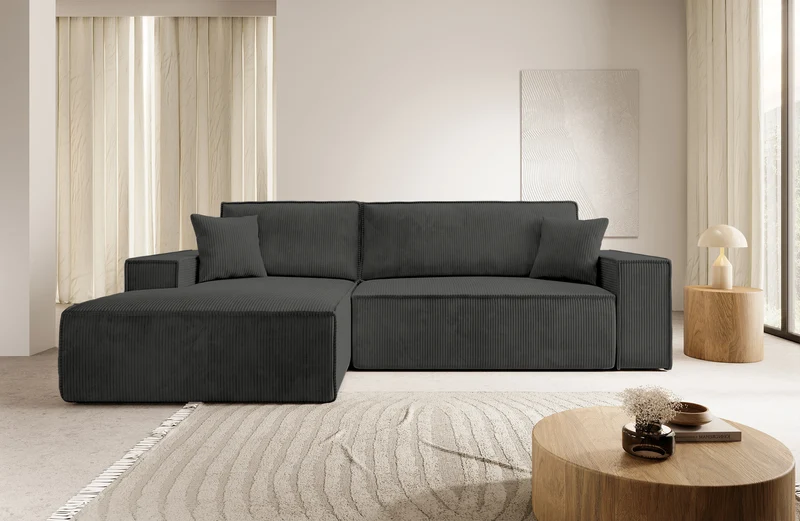 Ecksofa mit Schlaffunktion Farese New L-förmig mit Stauraum, dunkelgrauer Cord, linksseitig