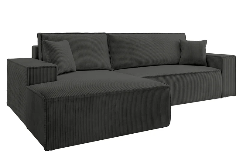 Ecksofa mit Schlaffunktion Farese New L-förmig mit Stauraum, dunkelgrauer Cord, linksseitig