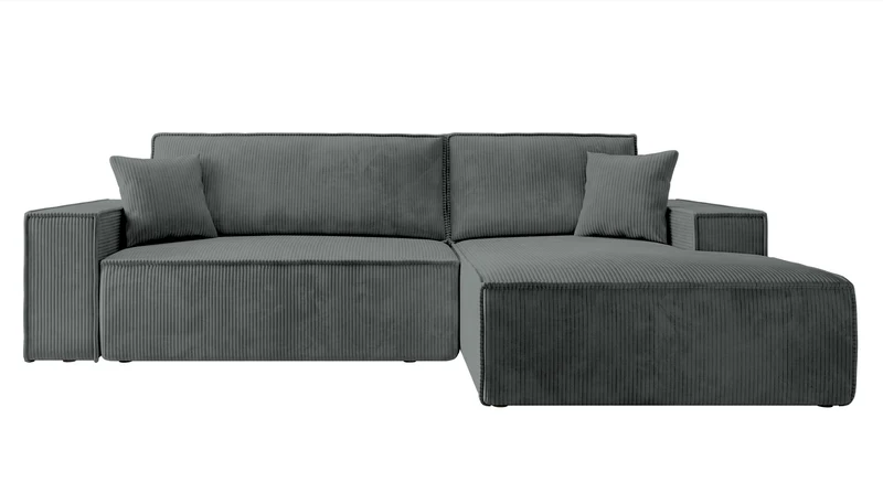 Ecksofa mit Schlaffunktion Farese New L-förmig mit Stauraum, grauer Cordstoff, rechtsseitig