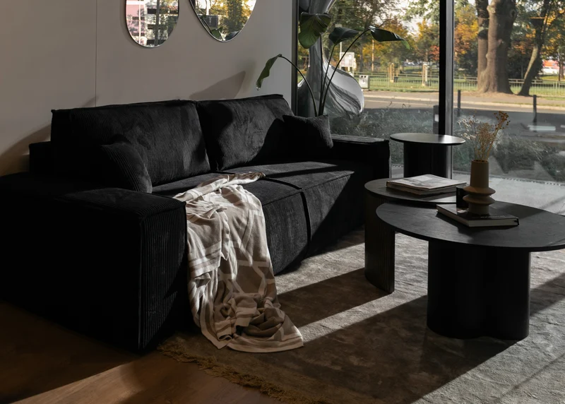 Dreisitziges ausziehbares Sofa Farese mit Stauraum, schwarz, Cordstoff