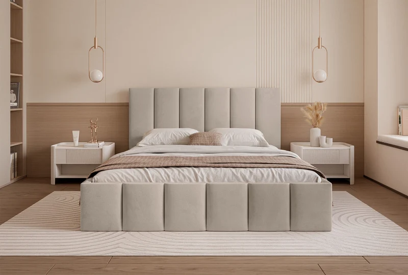 Gepolstertes Bett 160x200 cm Sarafino mit Bettkasten, grau-beiges Samt, Metallrahmen