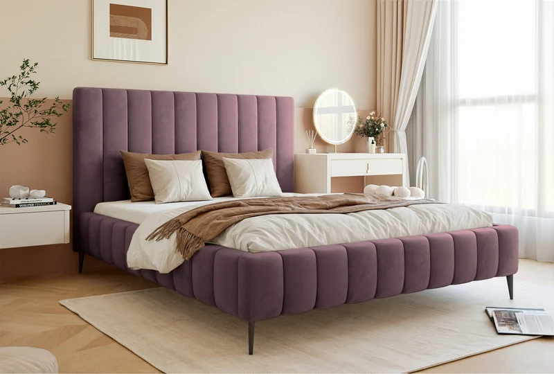 Polsterbett 140x200 cm Fiarro mit Bettkasten, violetter Samt, Metallrahmen auf hohen Beinen