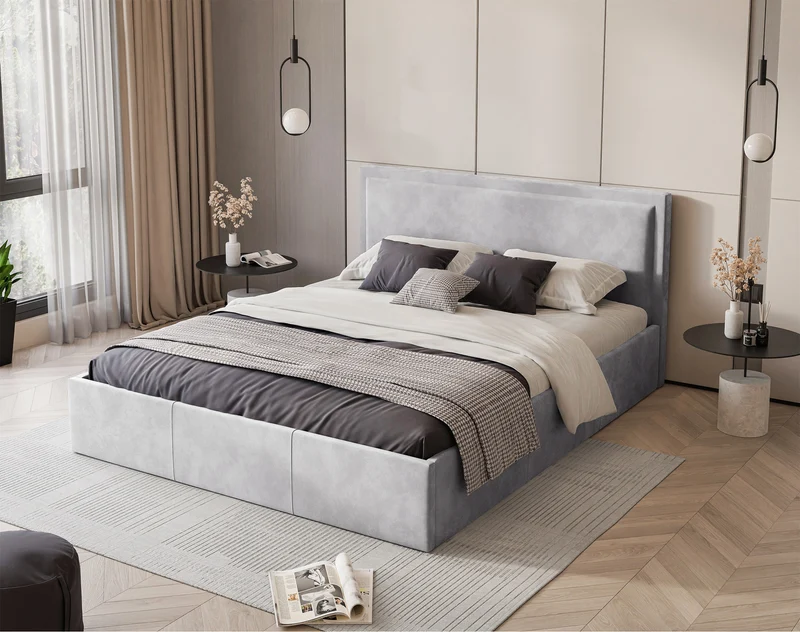 Gepolstertes Bett 140x200 cm Soave mit Stauraum und Metallrahmen, hellgrauer Samt