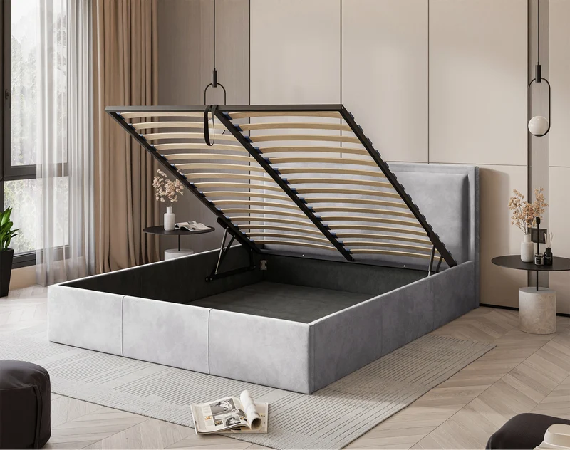 Gepolstertes Bett 140x200 cm Soave mit Stauraum und Metallrahmen, hellgrauer Samt